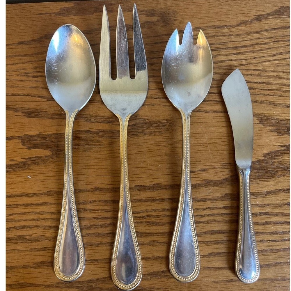 Towle Beaded Antique Gold Satin 18/8 Stainless GERMANY Flatware Lg Serving Set